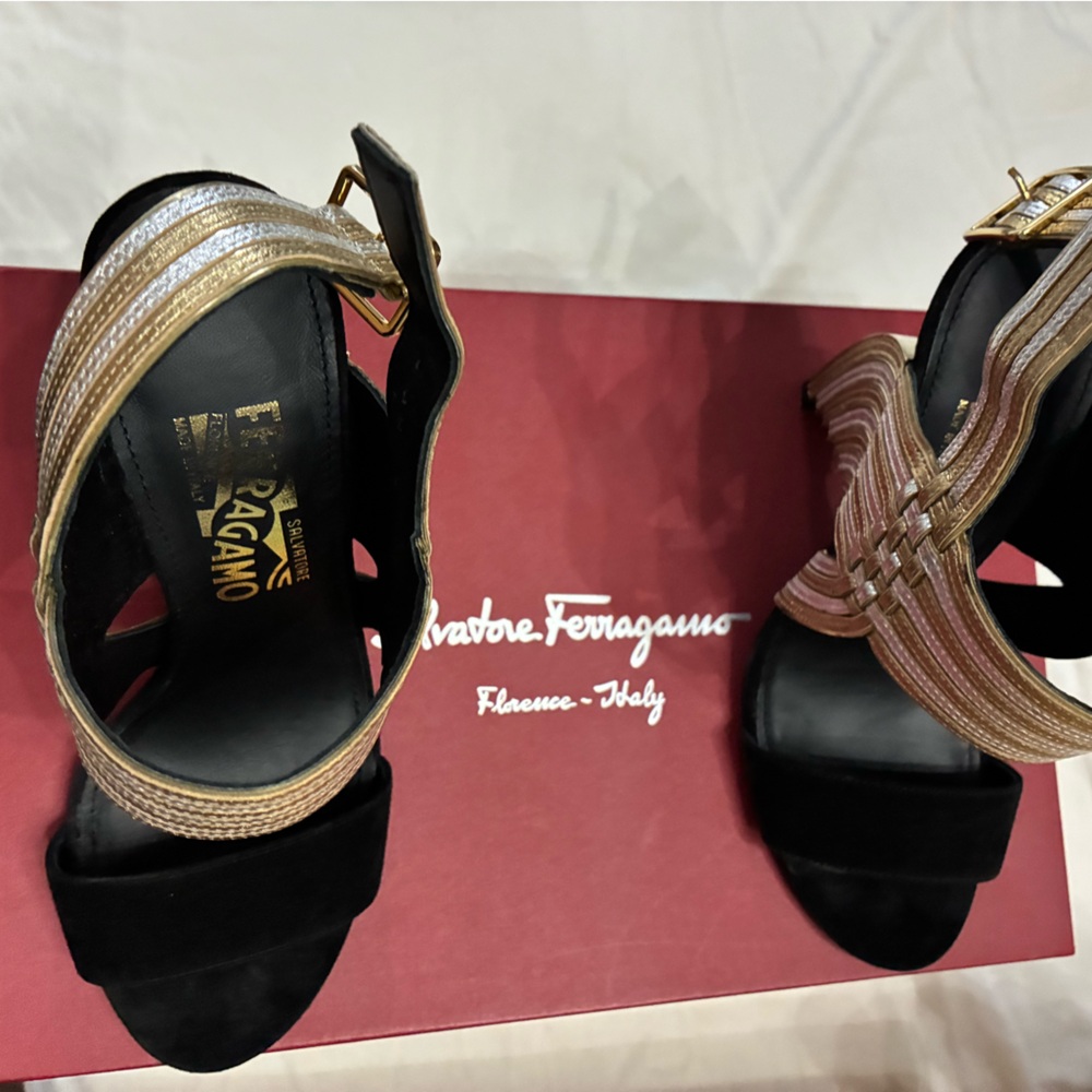 Salvatore Ferragamo Black and Gold Strappy Heels